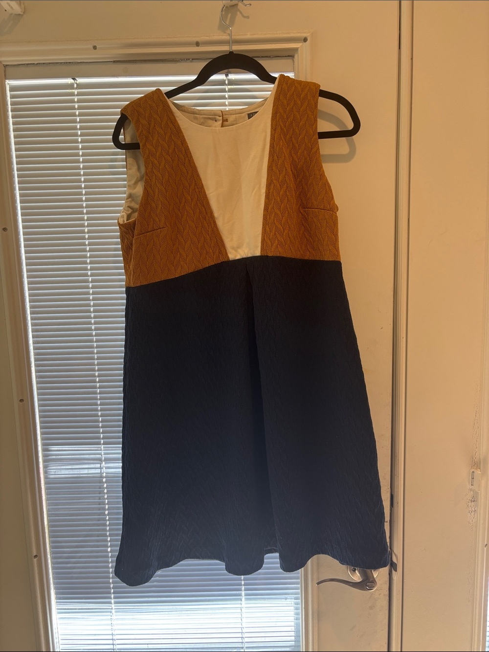 A Pea in the Pod Sleeveless Colorblock Midi Dress in Mustard, Navy and Cream
